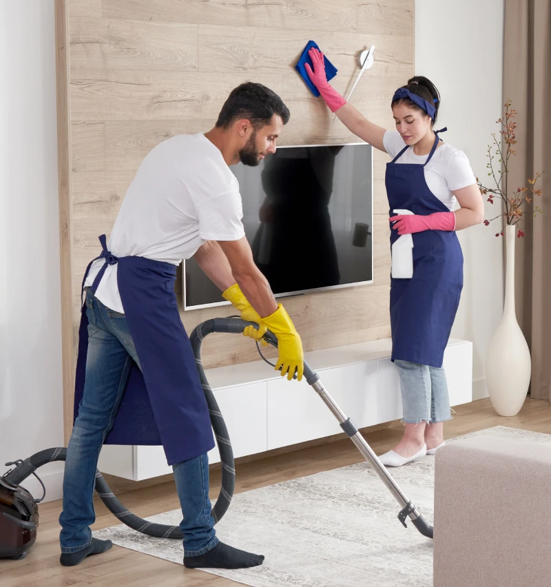 Professional cleaners wiping the floor and walls